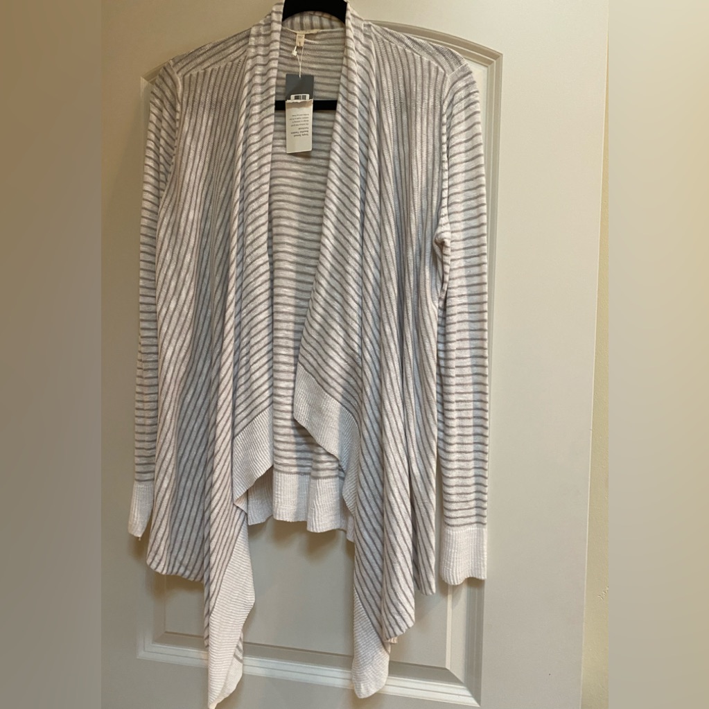 Eileen Fisher Nwt White Gray Striped Long Sleeves Sweater Wrap - Size Small